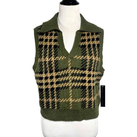 Almost Famous Sweaters - NEW Almost Famous Green Plaid Sweater Vest w/ Collar Sleeveless Women's Size XL